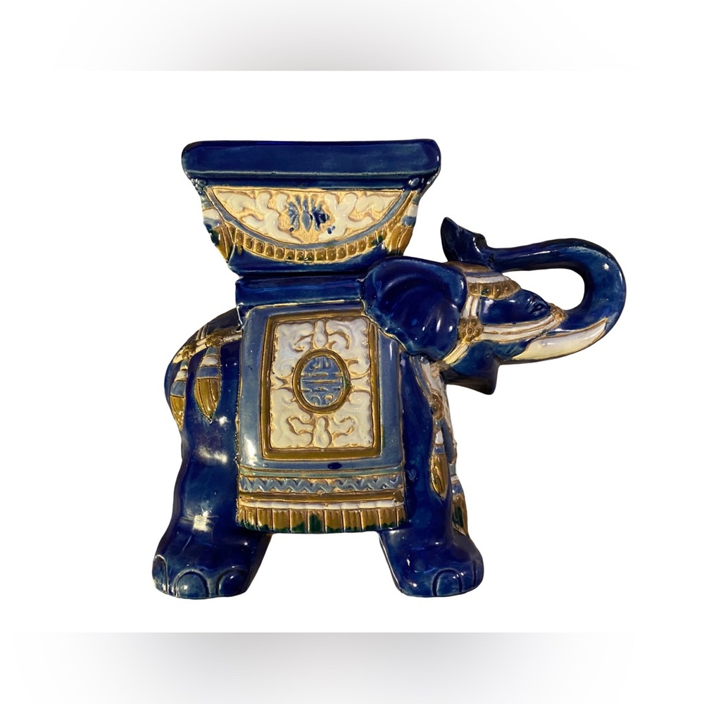 Vintage Chinoiserie-Style Cobalt Blue/Gold Ceramic Elephant Planter Plant Stand